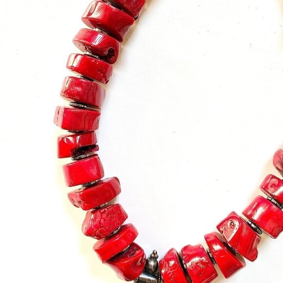Vintage Chunky Blood Red Coral Sterling Silver Pendant Necklace sz 20" 10.3 oz - Picture 6 of 12